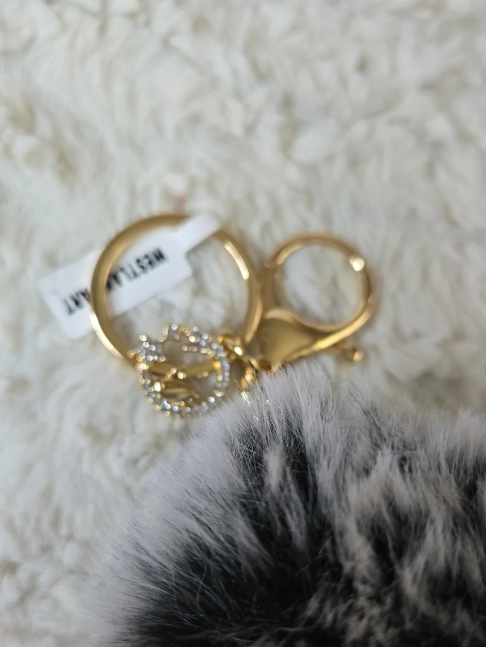 JustFab Black & White Faux Fur Pom Key Ring with Gold Hardware